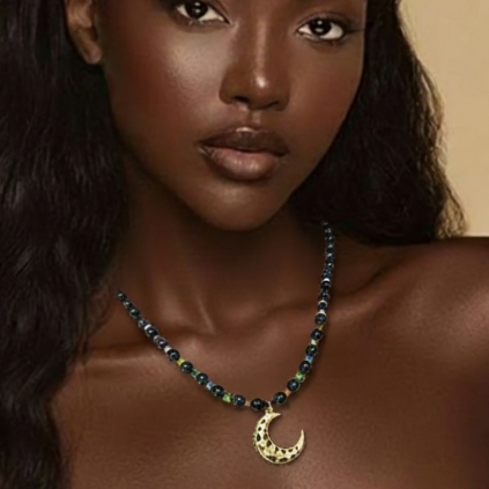 Gold-Filled Enameled Moon Black Obsidian Green Crystal Necklace